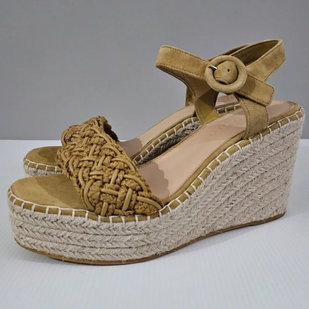 Veronica Beard Reema Espadrille Wedge Sandal Womens 10 Woven Mustard Leather NEW